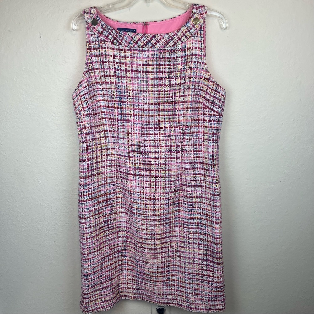 Talbots-rsvp pink-multi woven sheath dress-fully-lined/sleeveless/career…